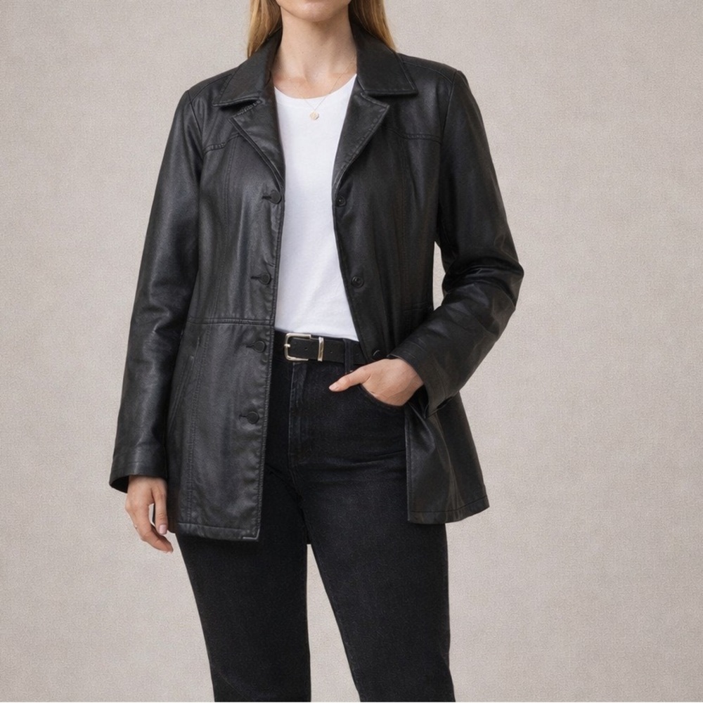 Wilsons Black Genuine Leather button front Jacket  thick heavy collar pockets XL